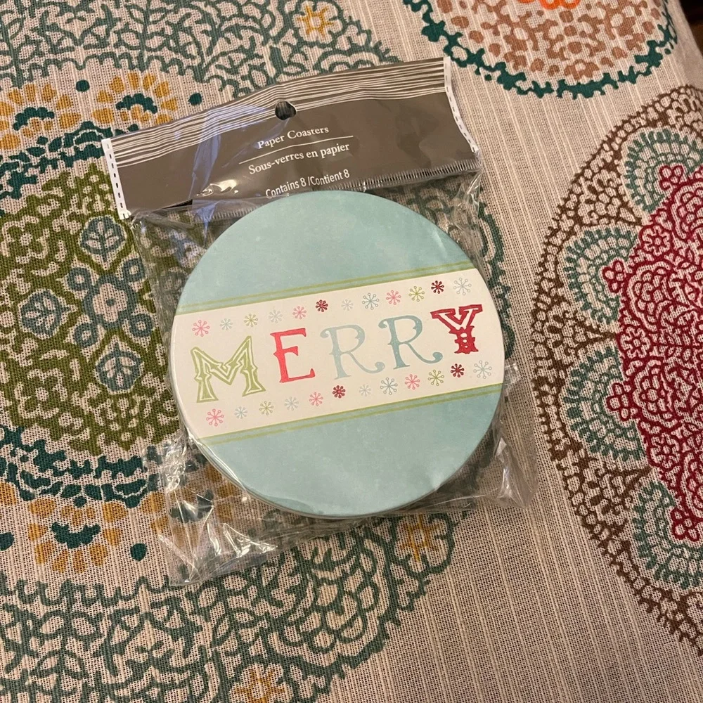 GORGEOUS NWT Pier 1 Christmas “Merry” coasters - pkg of 8